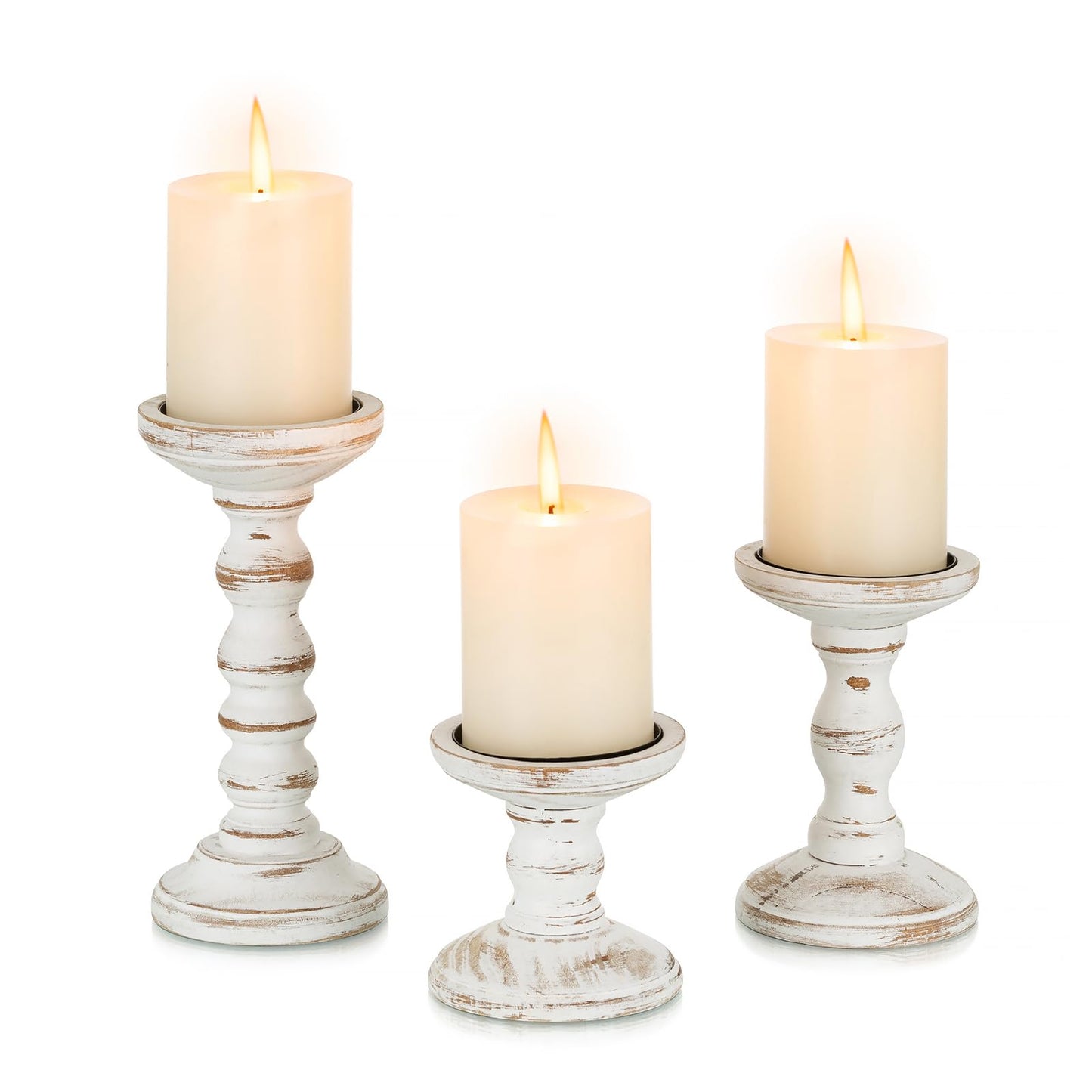 Candeldo Wood Candle Holders for Pillar: Rustic Candles Holder Set of 3 Tall Table Centerpiece Shabby Chic Decor Wooden White Farmhouse Decorations for Fireplace Mantle