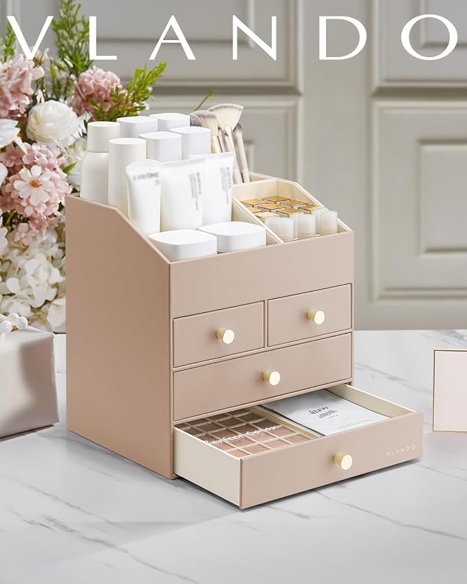 VLANDO Makeup Organzier,Vanity Organizer with Drawers, PU Leather Skincare Organizer Perfume Organizer,Large Cosmetic Display Case for Lipstick,Brushes Gifts for Women, Toffee, 4 Layer