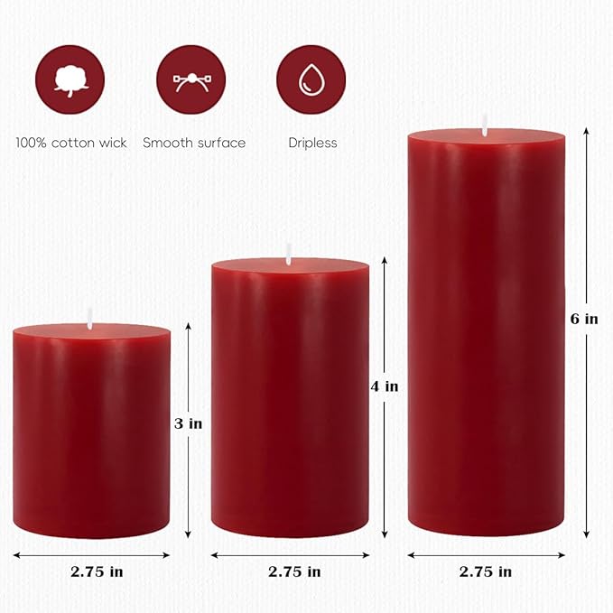 Set of 3 Different Size Red Burgundy Pillar Candles, Unscented Dripless 2.75x3, 2.75x4, 2.75x6 Inch Colored Long Lasting Burning Cylinder Wax Candles for Home Power Outage Dinner Table Decoration