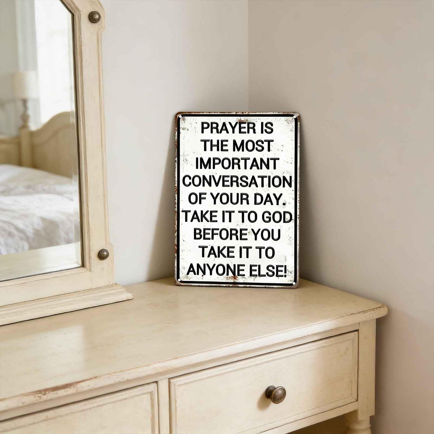 Christian Prayer Metal Wall Art Prayer Is The Most Important Conversation Decor Painting Pictures Black white Signs posters Prints for Interior Outdoor Room Home Nook Study Decoration 8x12In