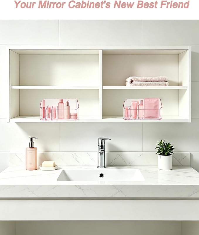 Makeup Tray Holder Organizer Cosmetic Display Case Tabletop Desktop Vanity Countertop Bathroom Wall Cabinet Medicine Storage Box 9 Dividers 2 Removable Women Ladies Girls Gifts Crystal Pink 1 PACK