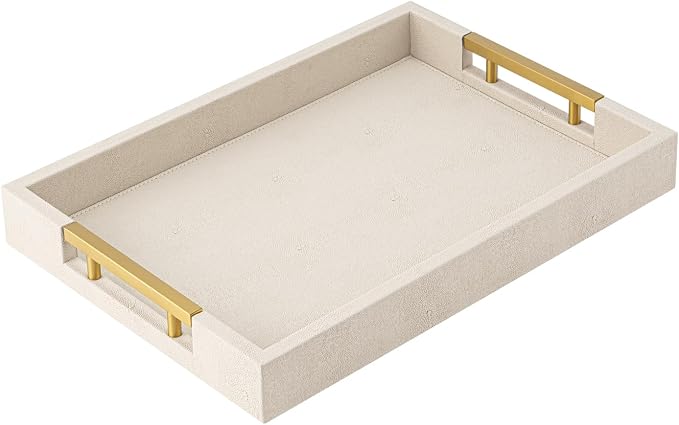 Beige Faux Leather Serving Tray with Handles – Large Decorative Tray for Coffee Table, Ottoman, Living Room, Bathroom – Home Decor