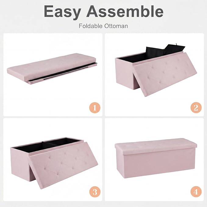 Sweetcrispy 43 Inch Folding Storage Ottoman Bench, Large Hidden Storage Chest with Padded Seat, Foot Rest Stool Supports Up to 660Lbs, End of Bed Bench for Bedroom, Living Room, Linen Fabric, Pink