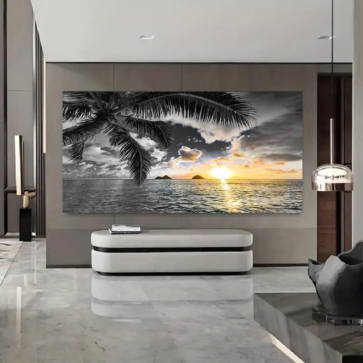 Bamdeya Wall Decor Living Room Black and White Beach Wall Art Sunset Seascape Pictures Palm Canvas Prints Art Wall Decor Bedroom Ocean Poster Painting for Home Office Decoration Scenery Artwork