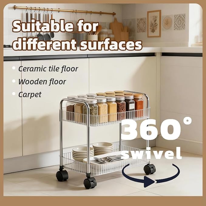 2 Tier Utility Rolling Cart with Wheels Sofa Side Table Small Under Desk Storage Organizer, Clear Acrylic Plastic Mobile Trolley Organization Storage Cart for Kitchen Pantry Bathroom Vanity
