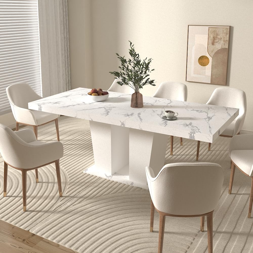 KEIKI Extendable Dining Room Table for 6-10 Person, Modern Large Rectangular Kitchen Tables w/Dual Column Pedestal Base for Kitchen Living Room, White Marble