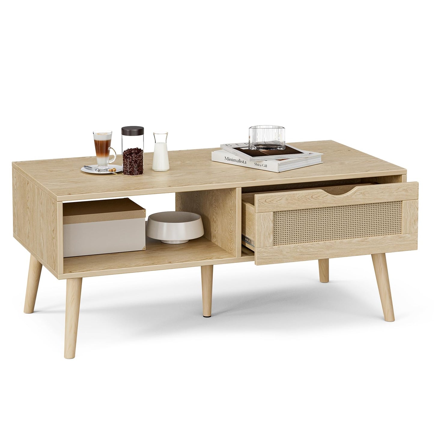 ZttRiee Coffee Table with Storage, Boho Dining Table with Rattan Drawer and Solid Wood Legs, Small Coffee Tables for Living Room, Oak