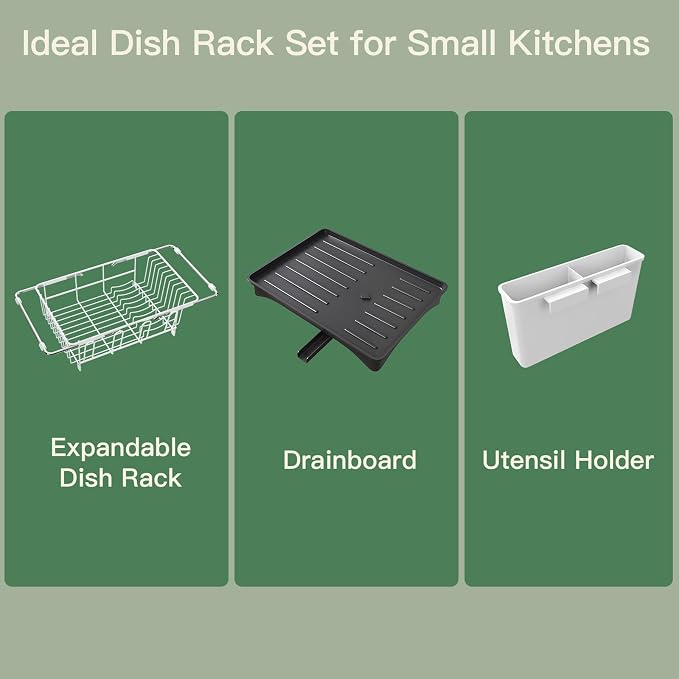 MAJALiS White Dish Drying Rack Over Sink with Utensil Holder, Drainboard | Expandable Stainless Steel Dish Drainer for Small Kitchen, Apartment, RV, Counter Space Saving, Perfect Fit, Rustproof