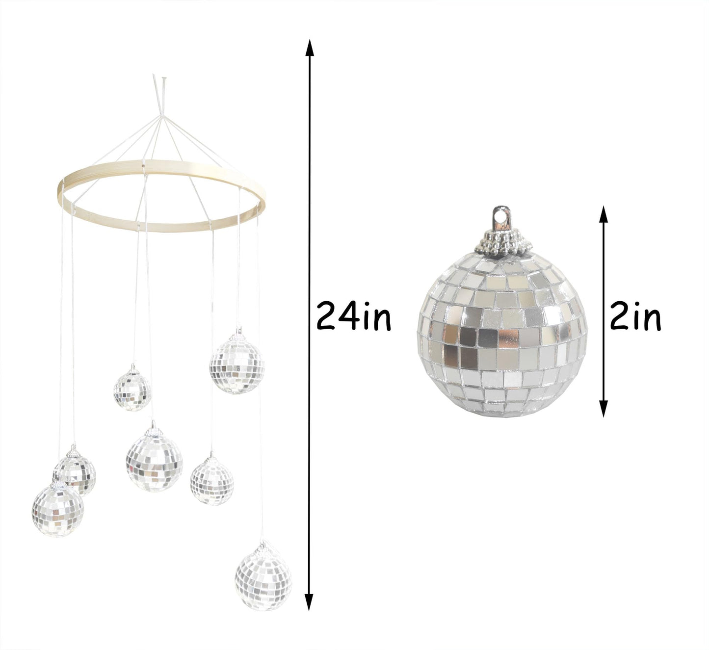 Rodudu Dazzling Disco Ball Mobile, Spiral Spinner Ball, 7.8 Inch Nature Bamboo Circle, Indoor Outdoor Yard Garden Patio Home Decoration for Party Activities Wedding Birthday Music Festival