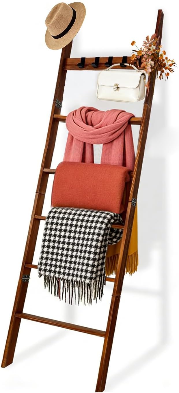 Wooden Blanket Ladder, Leaning Towel Rack with 5 Hooks, Rustic Quilt Display Ladder Stand for Bathroom, Bedroom, Living Room, Easy Assembly