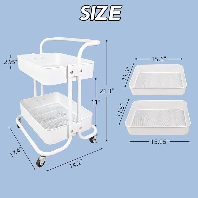 2 Tier Cart with Wheels Under Desk Storage with Handle, Metal Rolling Pantry Cart for Kitchen White Small Rolling Basket for Laundry Room Bathroom, Utility Shelf Organizer for Small Space
