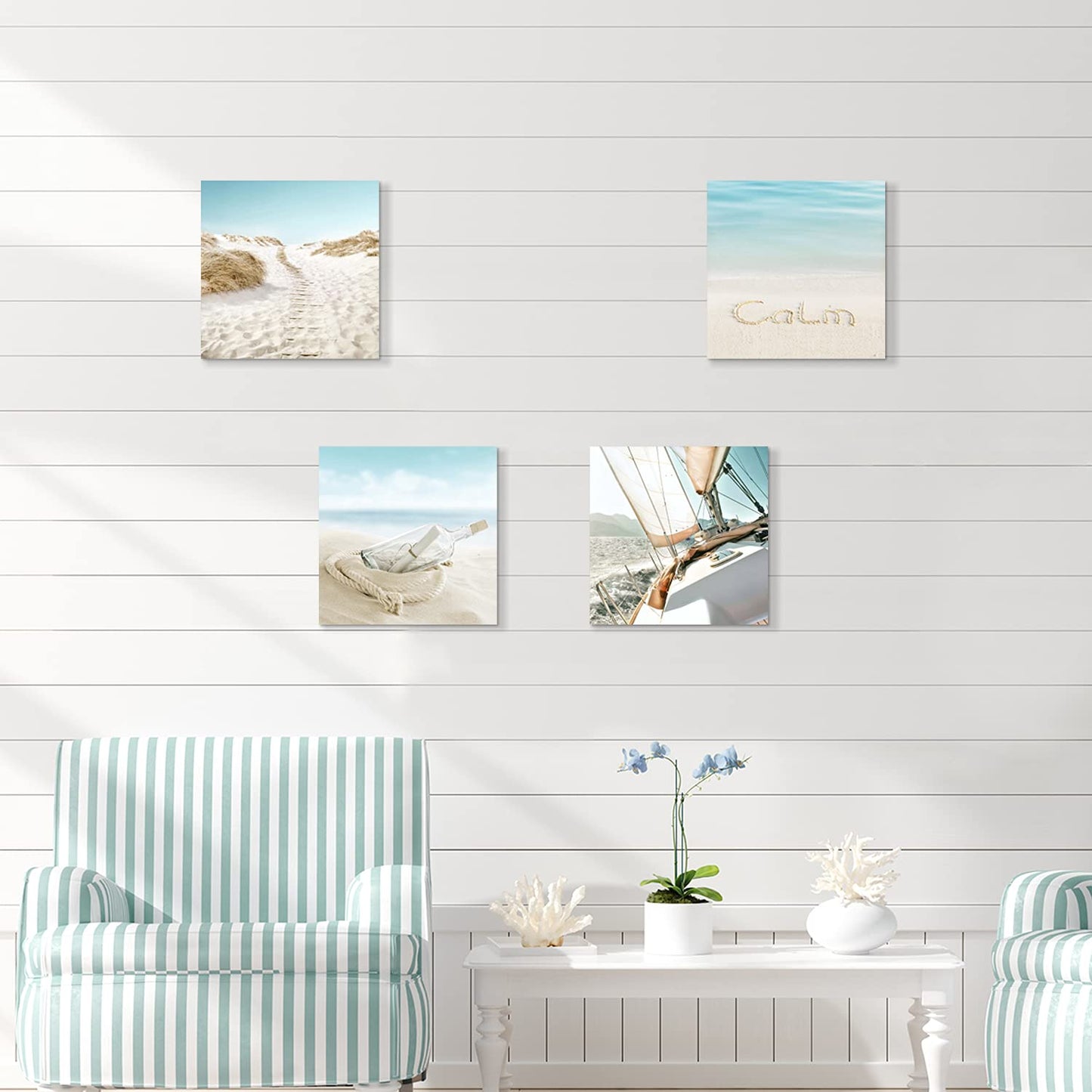 SD SOFT DANCE Beach Picture Coastal Artwork Painting: Bottle & Sailboat Blue Ocean Seascape Wall Art Canvas for Living Room (12” x 12” x 4 Panels) Visit the Store