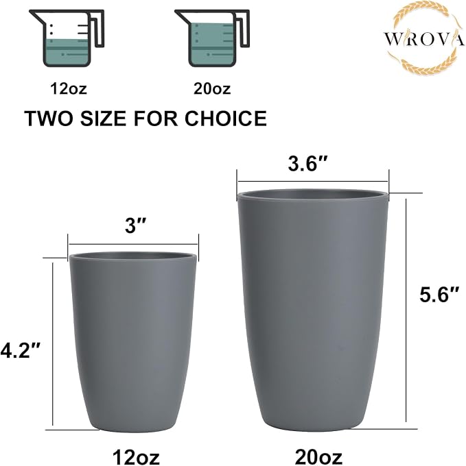 Wrova Wheat Straw Cups 8 PCS Good Alternative to Plastic Reusable Cups 12 oz Unbreakable Drinking Cup Reusable Dishwasher Safe Water Plastic Glasses Grey