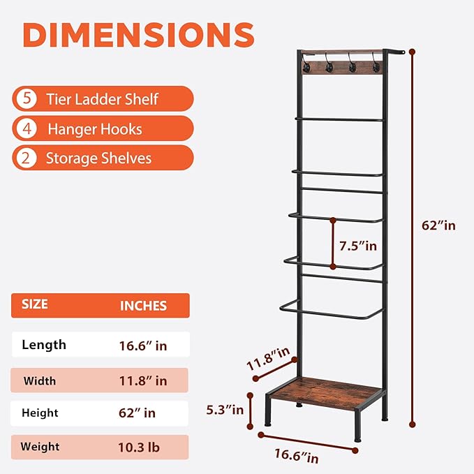 DGWJSU 7 Tier Blanket Ladder for The Living Room and Bedroom, 5.12 Ft Farmhouse Ladder Shelf with 2-Tier Storage Rack, Decorative Ladder with 4 Coat Hooks, Blanket Rack,Ladder Shelves