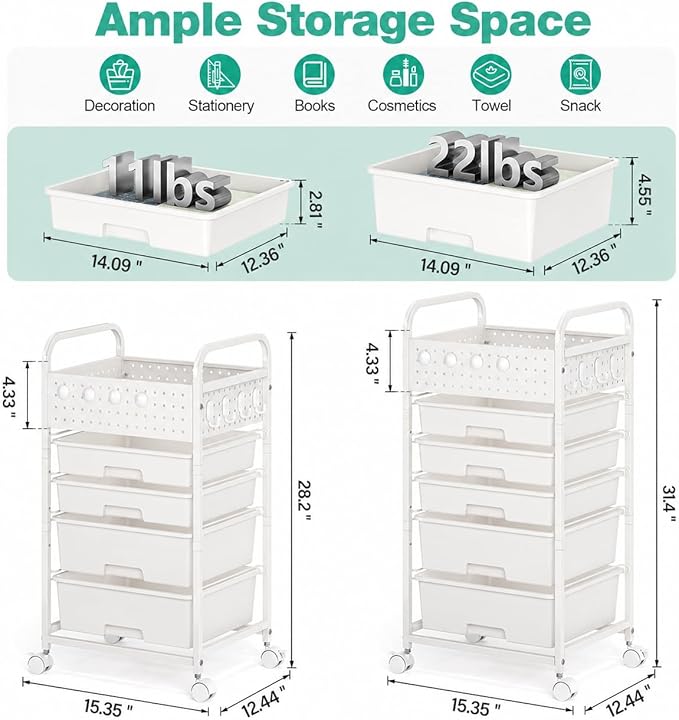 SYKIARIOL 4 Drawer Rolling Storage Cart with Pegboard Top and Hooks, Mobile Organizer Cart with Wheels for Office Supplies, Craft Storage, Classroom Organization, Home Utility Cart, White