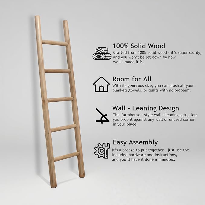 Wooden Blanket Ladder - 57in Natural Wood Color- Leaning Wall Decor for Bedroom, Bathroom, Living Room - Rustic Quilt Holder (Natural Wood Color, 57in | Knock Down)