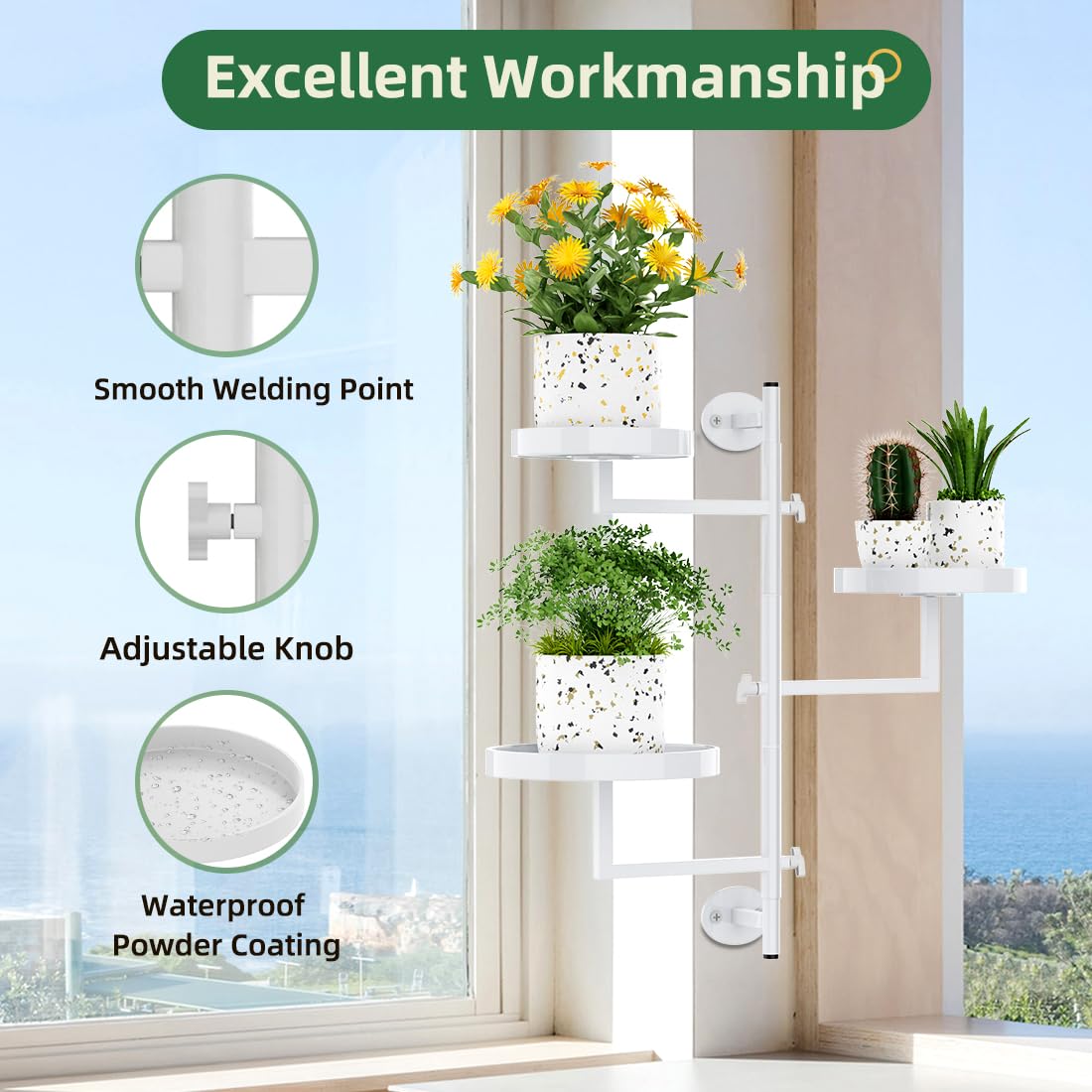 Gaoymsym Wall Mount Plant Holder Outdoor Rotating Window Plants Shelves Metal Wall Plant Stand 3 Tier Wall Planters for Indoor Plants, for Outdoor, White