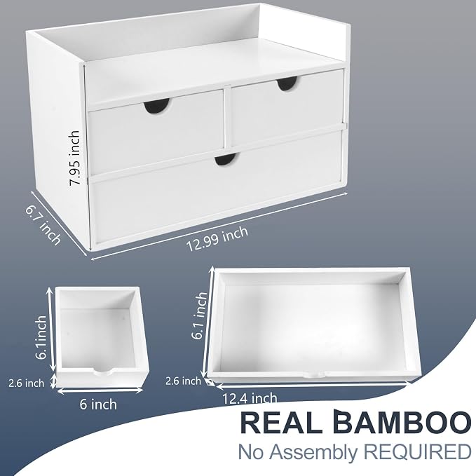 Charmewooden Desk Organizer with Drawers Countertop Drawer Organizer Drawers for Desk Top Home Office Workspace Bathroom Toiletries Supplies (White with shelf)