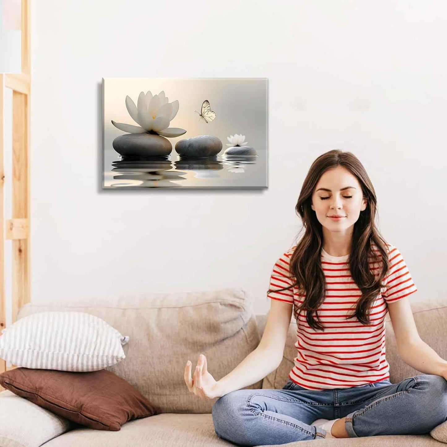 Zen White Lotus Canvas Wall Art White Flower Yellow Butterfly on Lake Wall Decor Pictures Meditation Posters Prints for Bathroom Living Room Modern Spiritual Yoga Spa Bedroom Decoration