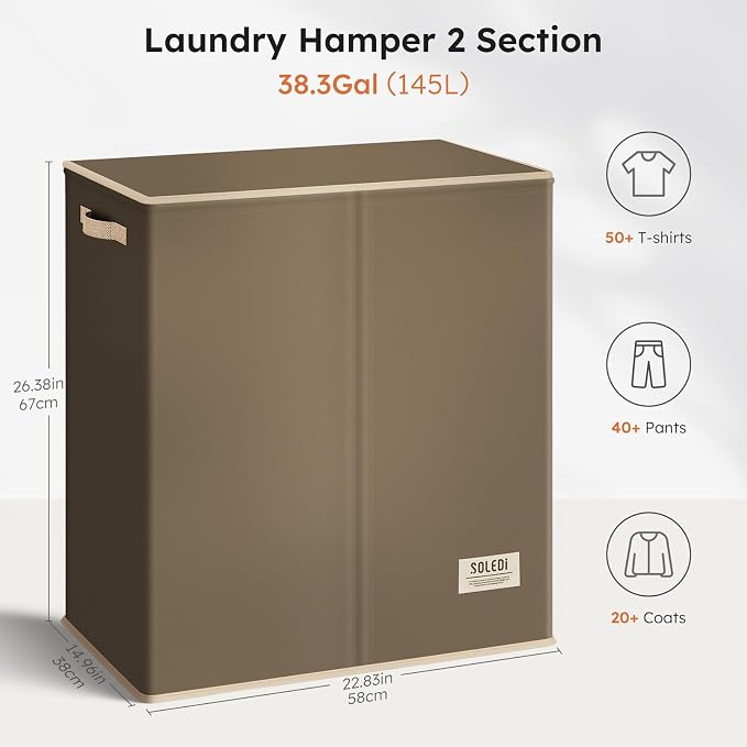 SOLEDI Large Double Laundry Hamper with Lid, Collapsible Clothes Hamper 2 section with Removable Bags, Space-Saving Laundry Basket for Bedroom, Dorm, College