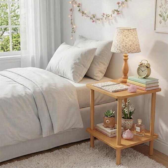 FORAOFUR End Table with Charging Station, Small Tables for Small Spaces in Living Room, Bedroom &Office, Nightstand Bedside Table with Solid Wood Legs, No Assembly Required