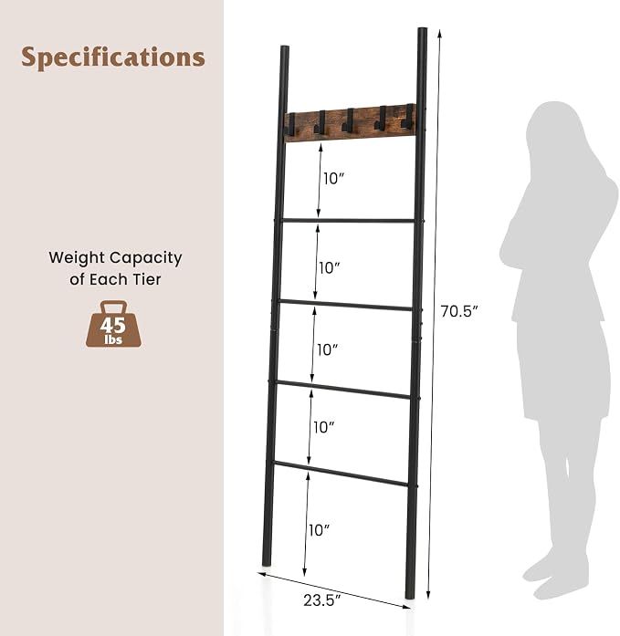 GOFLAME Blanket Ladder, 5-Tier Wall-Leaning Towel Holder Shelf with 5 Removable Hooks, Industrial Quilt Stand with Anti-Slip Foot Pads, Towel Ladder Display Rack for Bathroom, Living Room, Bedroom