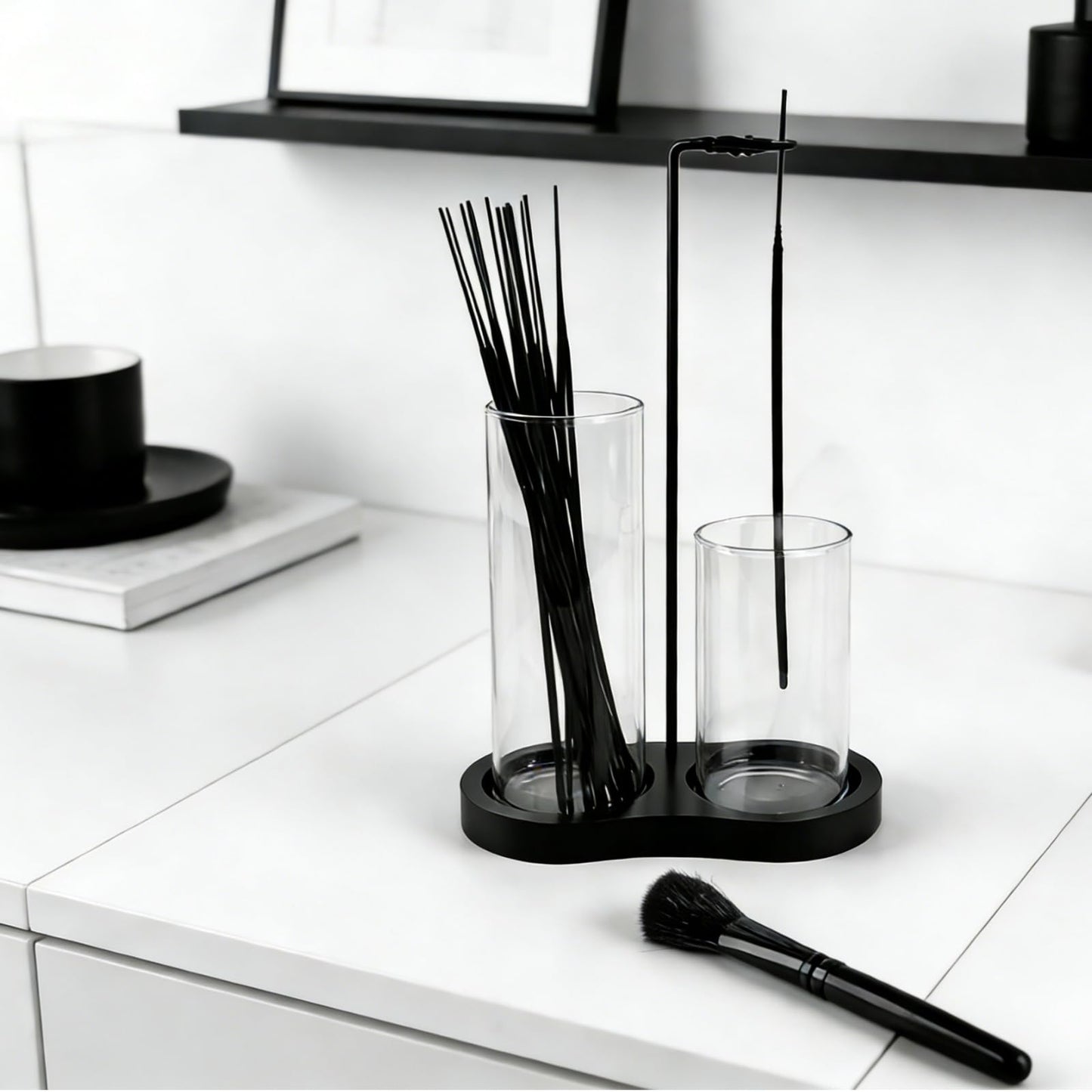 2 in 1 Black Incense Holder for Sticks with Glass Ash Catcher, Anti-Ash Incense Burner for Yoga Meditation Spa, Sleek Minimalist Decor & Incense Holder for Men, Includes Ash Brush