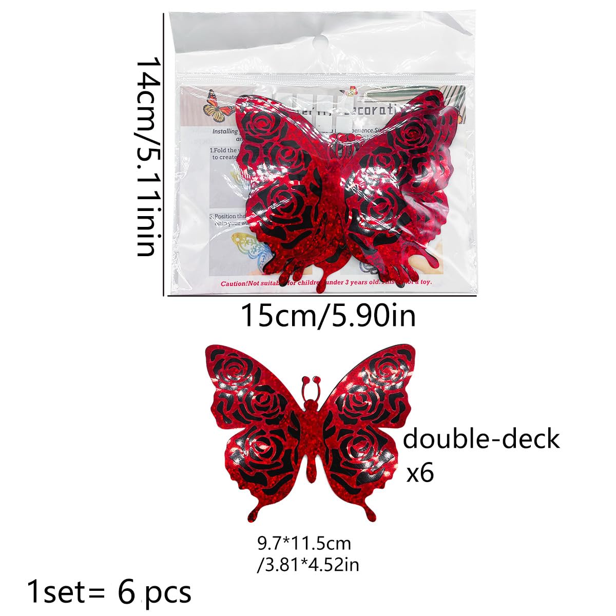 3D Red Butterfly Wall Stickers 6pcs Removable Valentine's Red Rose Butterfly Stickers Wall Decal Butterfly Wall Decals for Home and Room Decoration Wedding Bedroom Decor Living Room Sticker