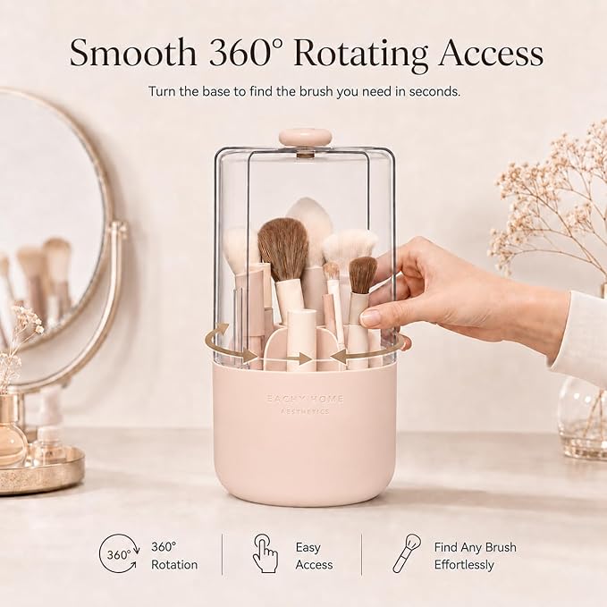 EACHY Makeup Brush Holder with Lid, 360° Rotating Vanity Organizer for Brushes, Dustproof Cosmetic Display Case, 7 Compartments, Waterproof Plastic (Pink)