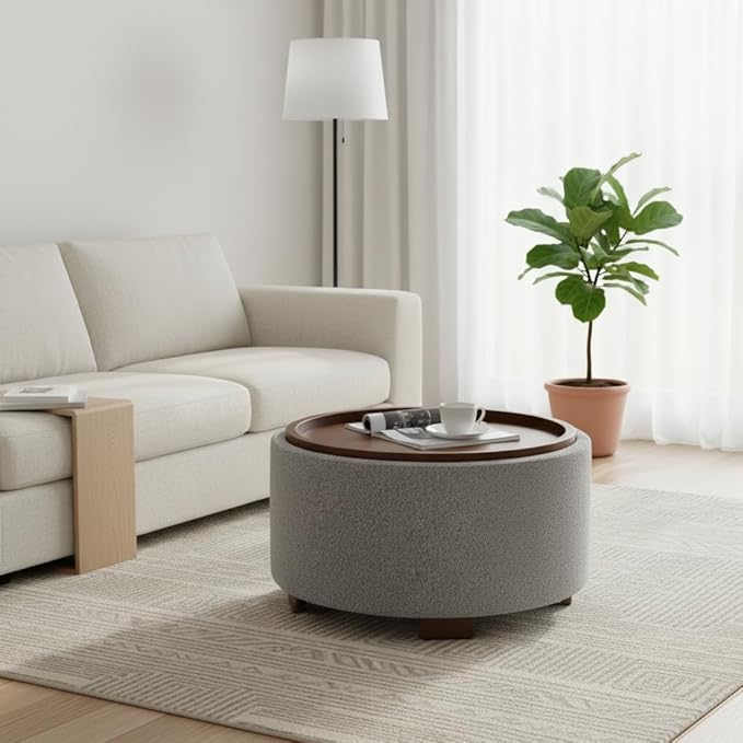 Zihanhome 30 Inch Round Storage Ottoman Coffee Table, Modern Boucle Ottoman with Lift-Off Lid and Solid Wood Legs for Living Room, Bedroom, Corners, Apartments (Light Grey)