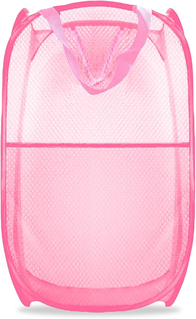 Collapsible Pop Up Laundry Hamper, Extra Large Mesh Foldable Laundry Basket, 28" x 16" x 16"(Pink)