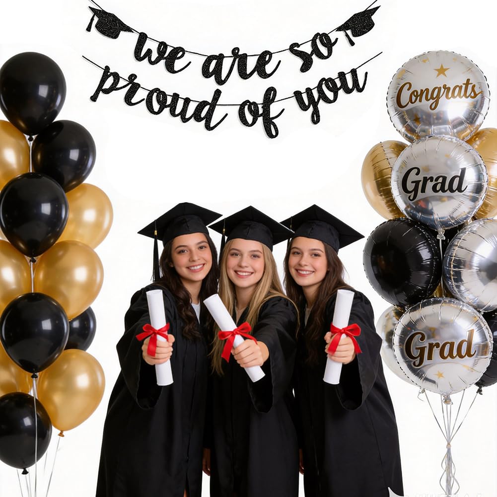 2026 Graduation Banners Party Decorations, Black Glitter We are So Proud of You Graduation Banners Garland for Congratulation Graduations Party Supplies, School, Home, Car Decorations