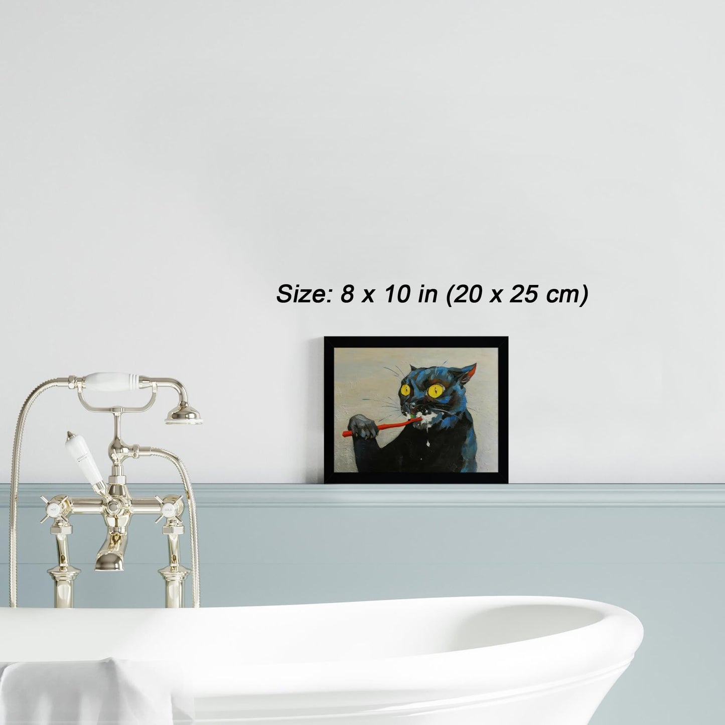 ICHZUMW Funny Black Cat Bathroom Wall Art Decor, Quirky Framed Canvas Print Painting of Cat Brushing Teeth, Humorous Animal Pictures Wall Decoration, Modern Home Artwork, Restroom Powder Room, 8x10in