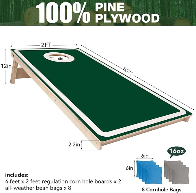 Cornhole Board Set - No Bounce,Regulation Size 4x2 ft,Made of 1/2" Pine Plywood,UV Printing Includes 8 Bean Bags and 2 Cornhole Boards,Perfect for Outdoor Games and Gatherings