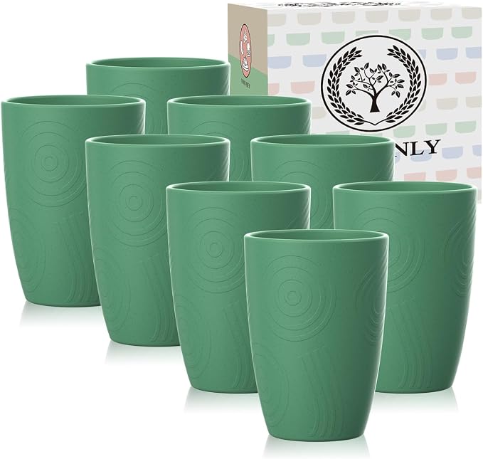 Homienly Plastic Cups Reusable 8 PCS Wheat Straw Cups a Good Alternative Drinking Plastic Glasses Cup Unbreakable Reusable Dishwasher Safe Microwave Safe Cup with Green Color (12 OZ)