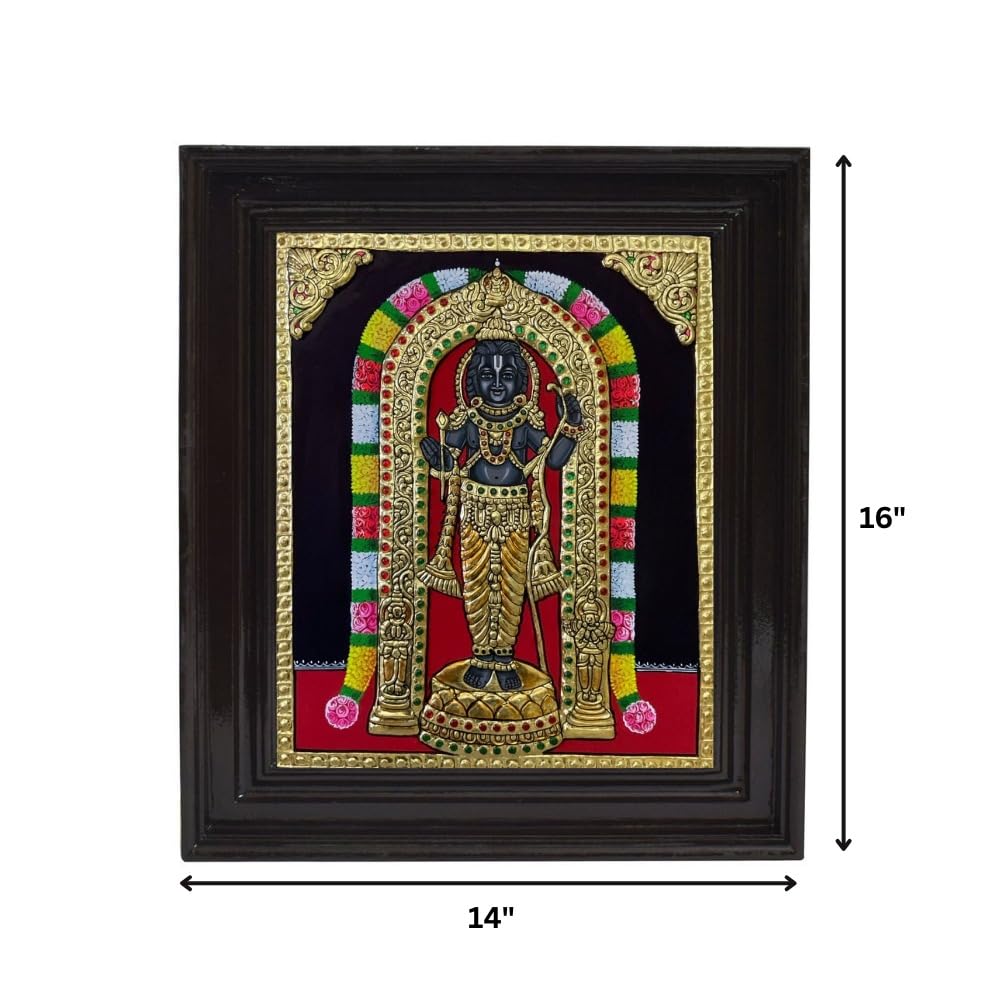 Tarang Arts Tanjore Painting Ayothi Ramar with Wooden Frame, 2D Emboss Design, 22-Carat Gold Foil & Jaipur Stones | Handmade Traditional Artwork for Home Decor, Puja Room, Wall Hanging & Gifting