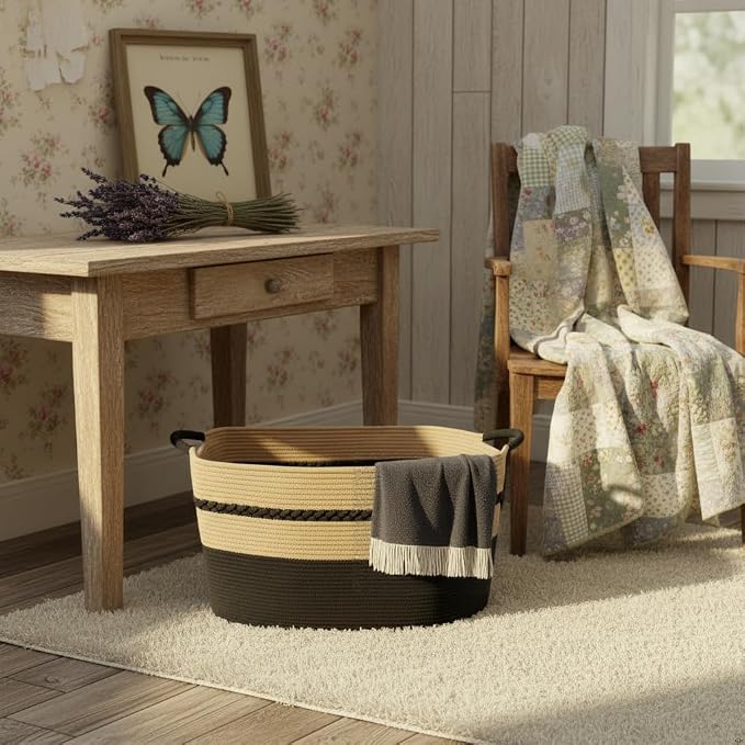 Extra large laundry basket woven from natural cotton rope with handles storage blankets for living rome big decorative quilted baskets for clothes toys pillows hamper 24"x16"x14" black