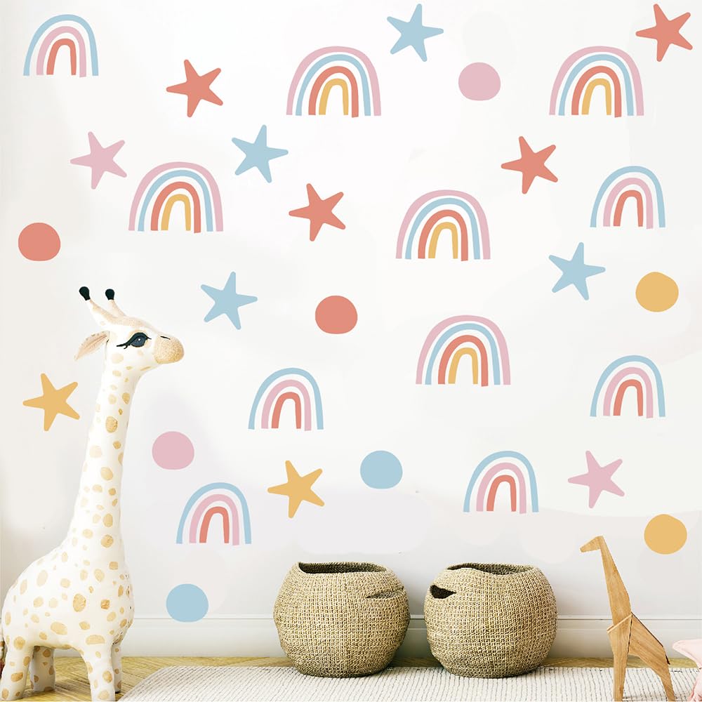 Rainbow, Stars & Dots Wall Decals for Kids Room – 160 PCS Pastel Boho Peel & Stick Waterproof Vinyl Wall Decor Stickers, 10 Sheets Removable Nursery, Bedroom & Playroom Decor(Style A)