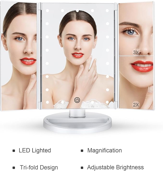 deweisn Dresser Mount Tri-Fold Lighted Vanity Mirror with 21 LED Lights, Touch Screen and 3X/2X/1X Magnification, Two Power Supply Modes Make Up Mirror,Travel Mirror