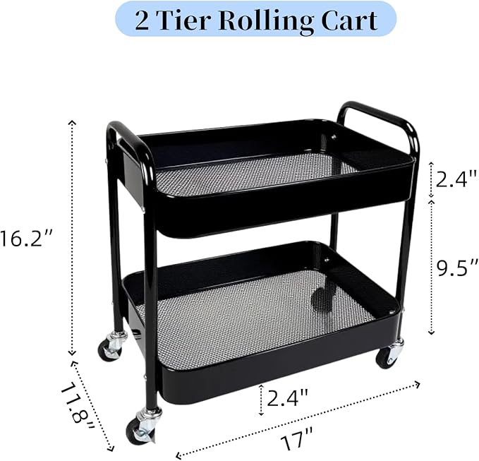 2 Pack Pantry Cart 2 Tier Small Rolling Cart with Wheels for Under Desk Storage, Short Rolling Utility Cart Large Basket Metal Kitchen Shelf with Mesh Laundry Room Organizer Side Table, Black