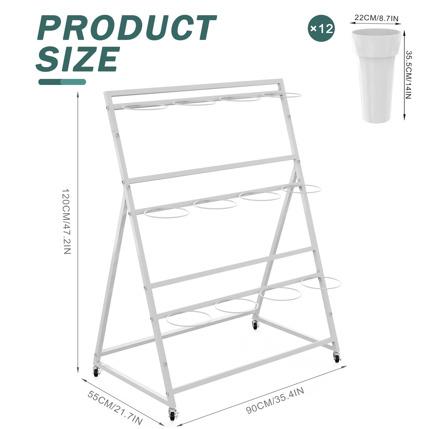 Asee'm Flower Display Stand with Buckets, 3 Layer Metal Flower Bar Stand, Heavy Duty Flowers Cart Display with Wheels Moving Plant Bouquet Shelf for Indoor Outdoor Patio Decor Terrace Wedding White