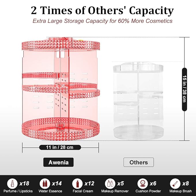 Awenia Makeup Organizer 360-Degree Rotating, Adjustable Makeup Storage, 7 Layers Large Capacity Cosmetic Storage Unit, Fits Different Types of Cosmetics and Accessories, Plus Size(Pink)