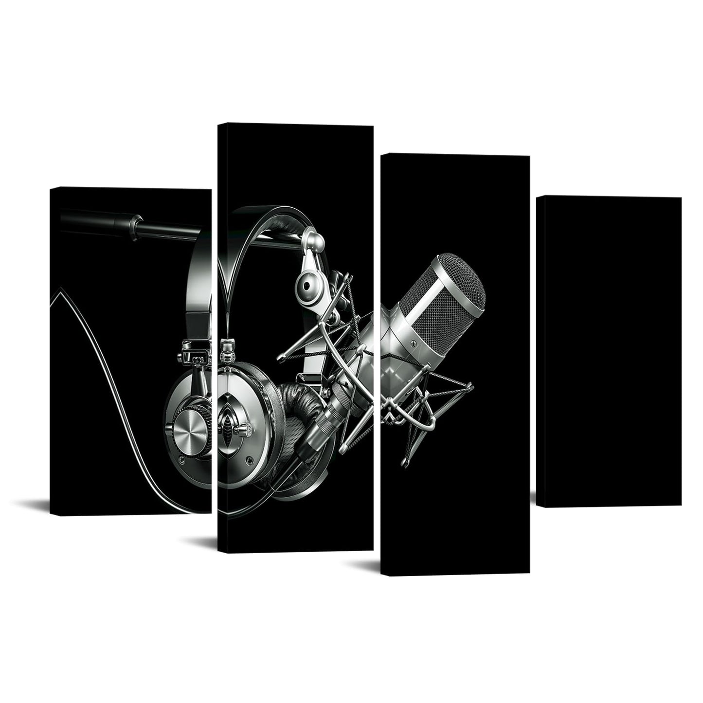 iKNOW FOTO 4pcs Black and White Headphones on Microphone Stand Canvas Print Wall Art Audio Recording Studio Equipment Pictures Musical Painting Contemporary Music Room Decorations 48x33