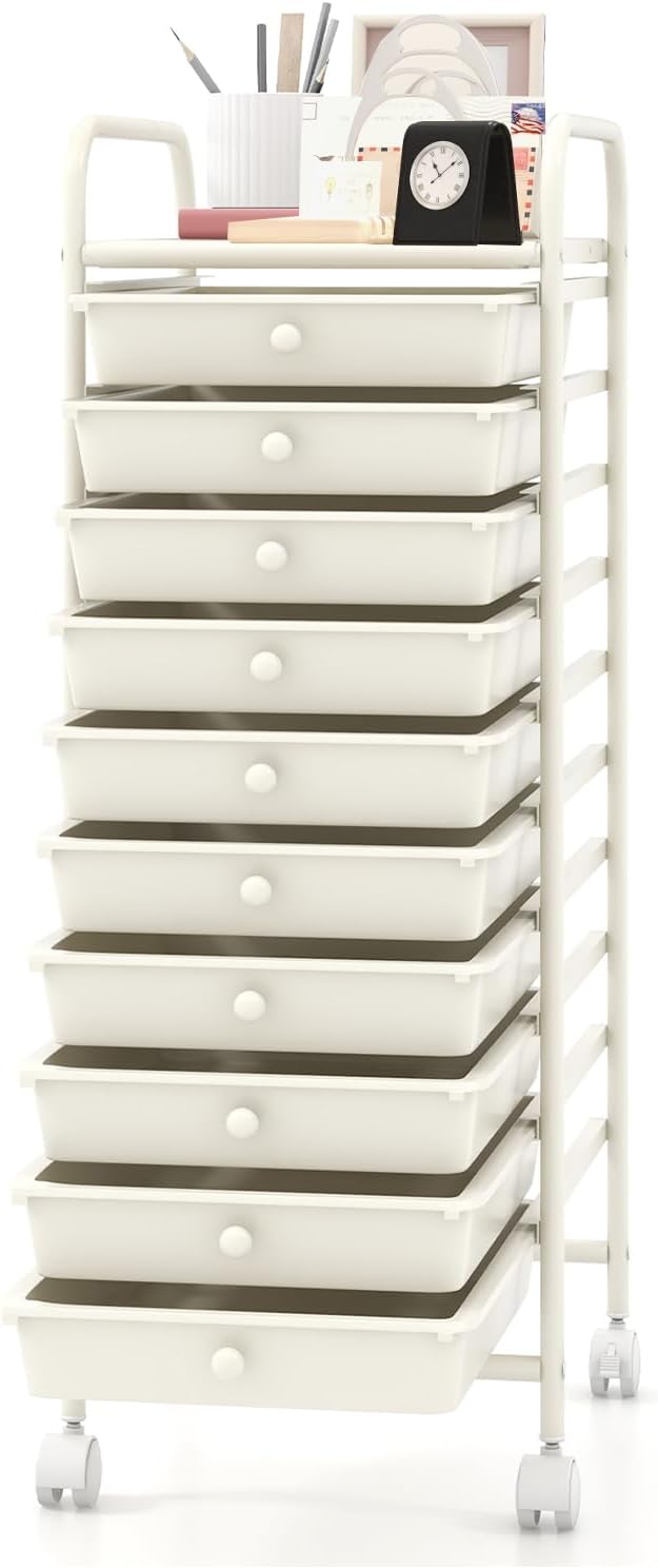 MEDIMALL 10 Drawers Rolling Storage Cart, Multipurpose Craft Storage Cart with Wheels, Mobile Tools Scrapbook Paper Organizer Cart for Office School Home Use