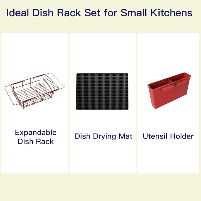 MAJALiS Red Dish Drying Rack Over The Sink with Utensil Holder, Mat | Expandable Stainless Steel Dish Drainer for Small Kitchen, Apartment, RV, Counter Space Saving, Perfect Fit, Rustproof