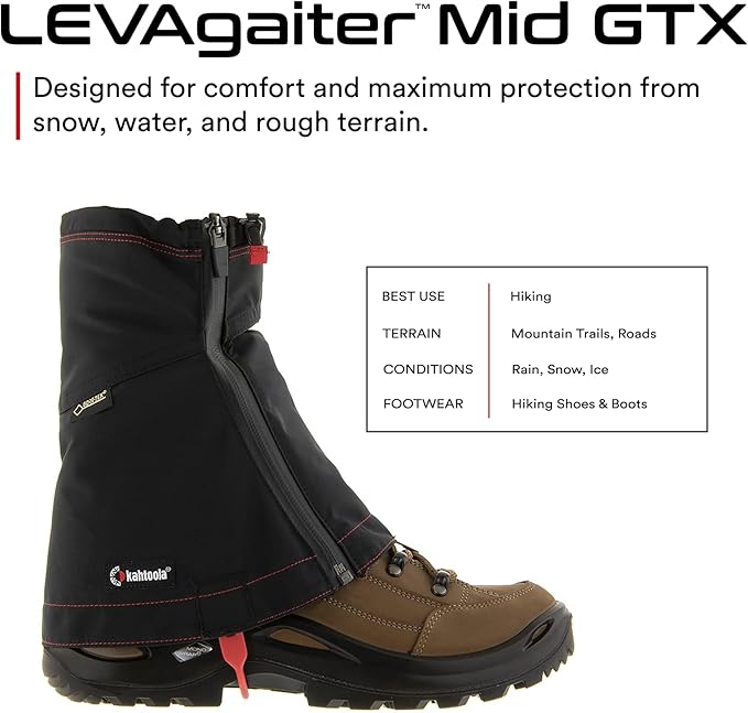 Kahtoola LEVAgaiter Mid GTX Gaiters, Waterproof Gore-TEX Shoe & Boot Protection for Mountaineering, Off-Trail Hiking in Mud, Snow & Ice