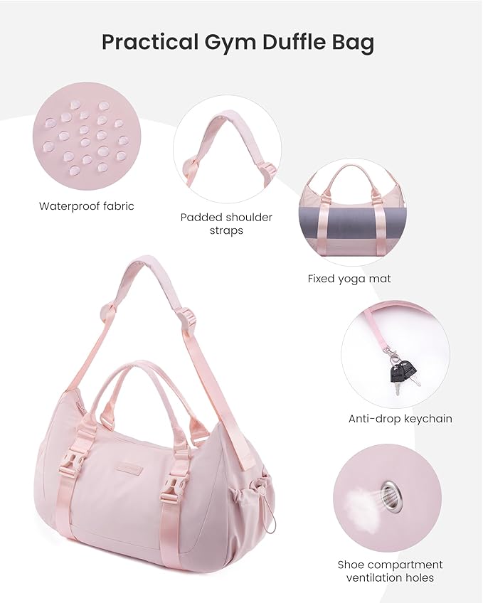 LOVEVOOK Gym Bag for Women, duffle bag for travel with shoe compartment, Small Gym Tote Dry Wet Separation, Multipurpose Weekender Overnight Bag, Lightweight Carry On Bag, Light pink