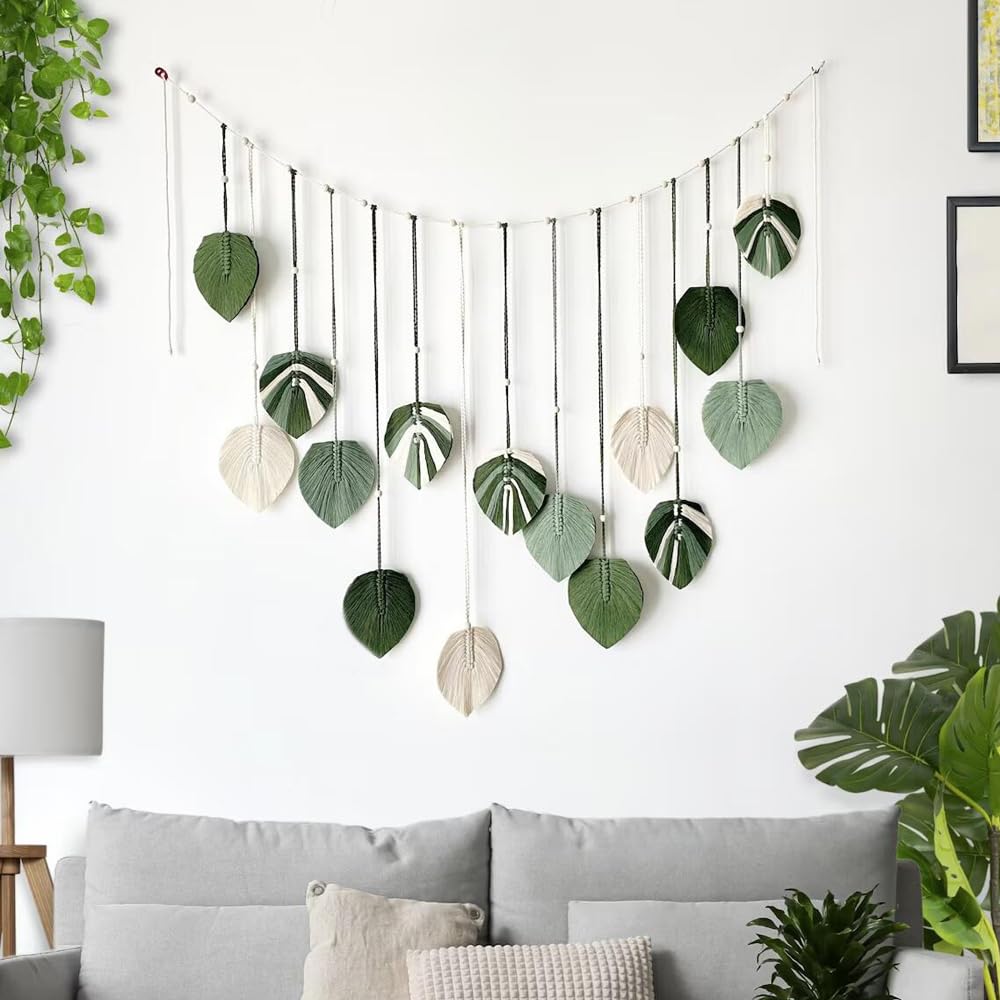 M MANUAL Macrame Leaves Wall Hanging 47.3x29.5Inch Large Chic Feather Boho Macrame Wall Decor Leaf Hanging Photo Display Handmade Woven Wall Art 16pcs Leaf Tapestry - Green