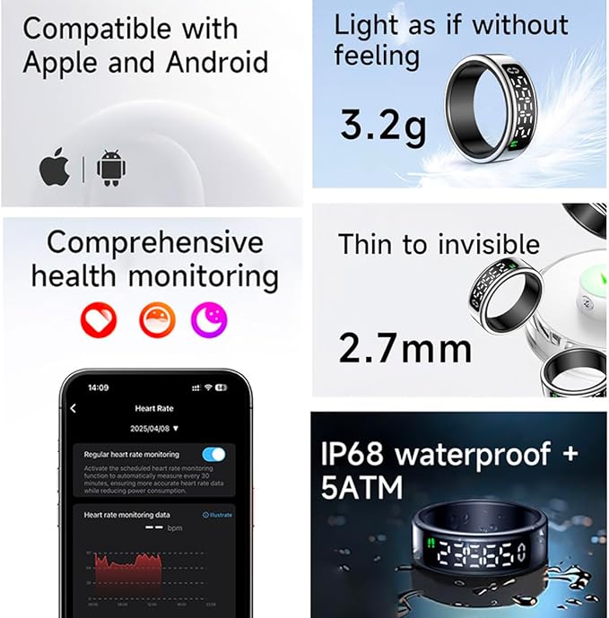 Smart Health Ring with Screen,for Women Men Fitness Tracker Heart Rate, Blood Oxygen, HRV, Sleep Monitoring, Step Counting, IP68 for iPhone and Android, No Subscription Fee (Black, 12#)
