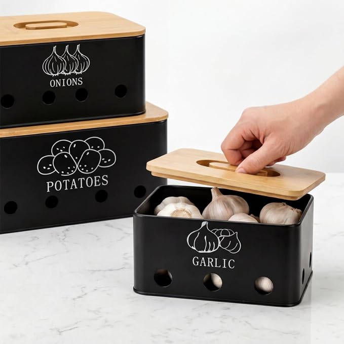3 Pack Potato Onion Garlic Storage Set, Metal Vegetable Storage Bins with Aerating Holes Bamboo Lids, Large Capacity Kitchen Canister Black Food Container for Countertop, Pantry